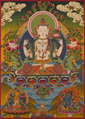 Avalokitesvara Chengrezig Thanka Followed By Mahalakala And Manjushree